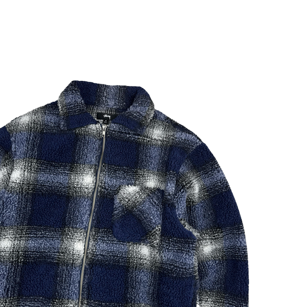 Stussy Blue Checked Teddy Fleece Zipped Jumper - Medium