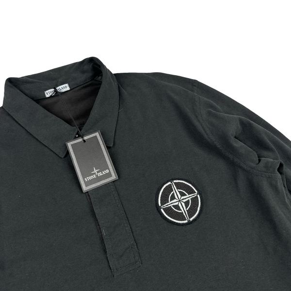 Stone Island 2005 Charcoal Longsleeve Cotton Embroiderd Compass Polo Top - XL