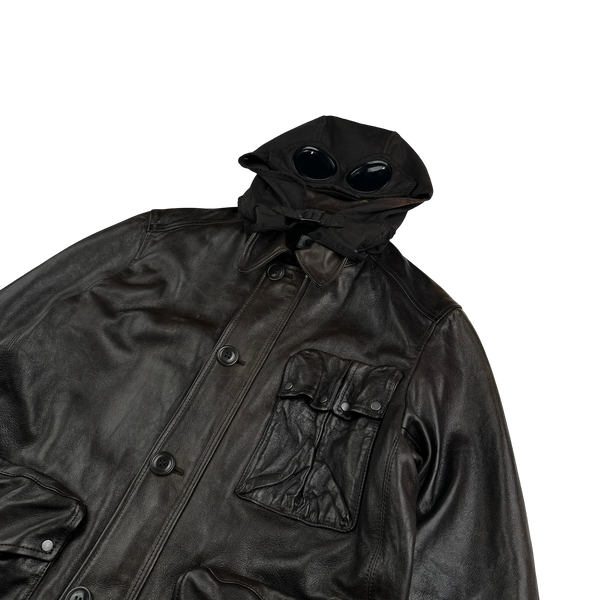 CP Company Brown Mille Miglia Leather Goggle Jacket - Large