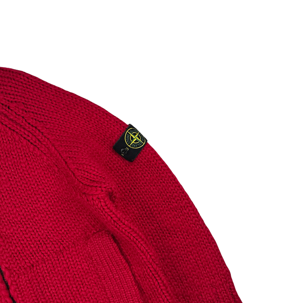 Stone Island 2022 Red Heavyweight Wool Knitted Zipped Hoodie - Large