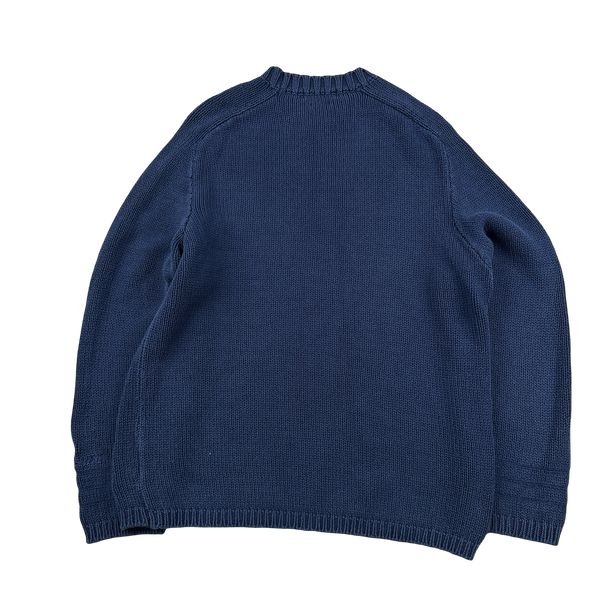 Stone Island 1998 Vintage Blue Cotton Cuff Spellout Pullover Knit - XL