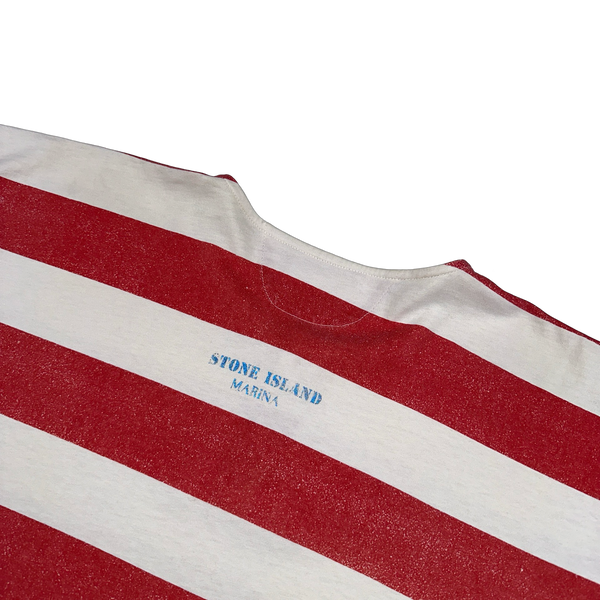 Stone Island Vintage 80's Cotton Red Striped Marina Reflective T Shirt - Large