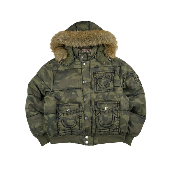 Supreme X True Religion Green Camo Contrast Stitch Pocket Puffer Fur Hood Jacket - Large