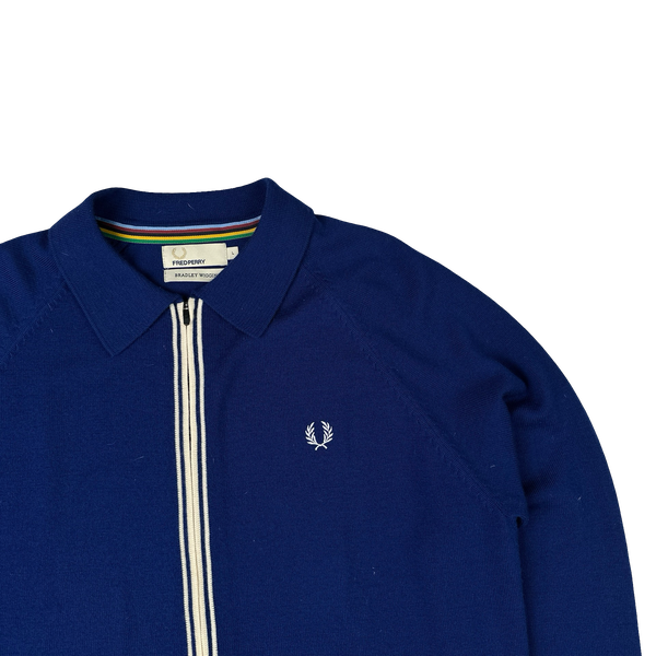 Fred Perry Bradley Wiggins Blue Zipped Collared Knit Jumper - Large