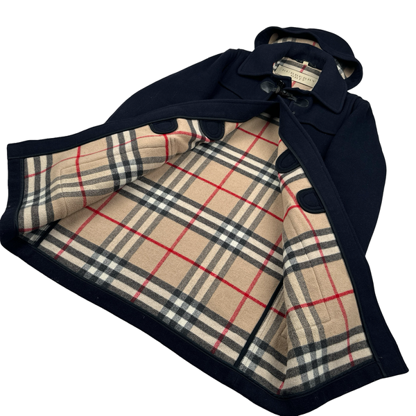 Burberry Navy Classic Check Lining Lana Wool Duffle Coat - Large