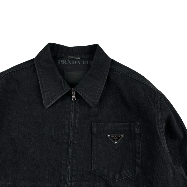 Prada Black Denim Triangle Plaque Collared Jacket - Medium