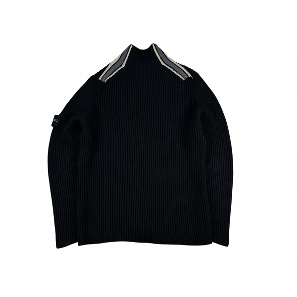 Stone Island 2005 Black Wool Buttoned Ribbed Jumper - XL