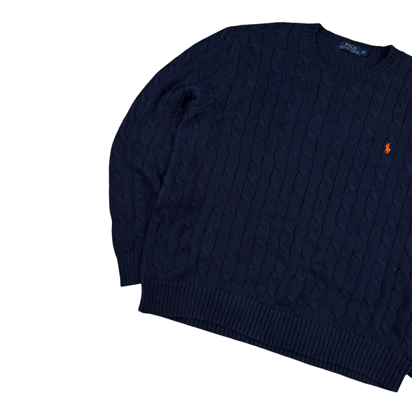Ralph Lauren Navy Cotton Cable Knit Crewneck Jumper - XL