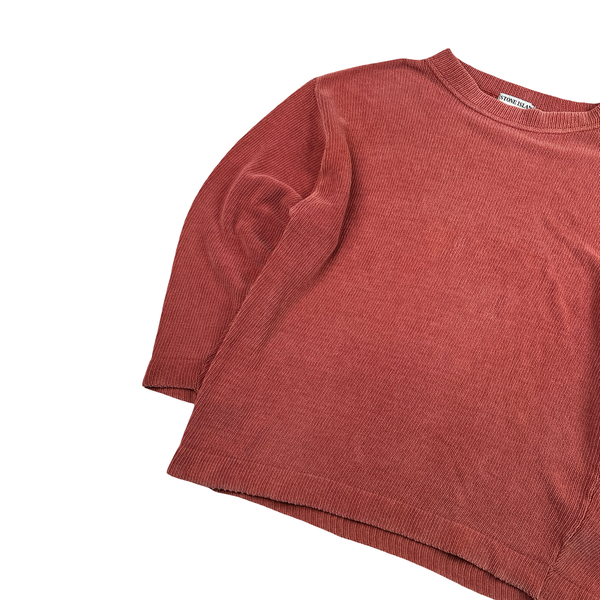 Stone Island 90s Salmon Pink Knitted Chenille Green Edge Crewneck Pullover - XL