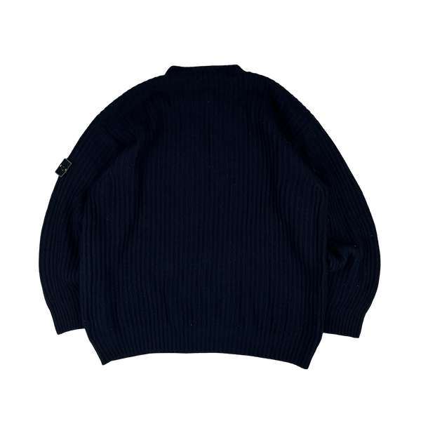 Stone Island Vintage Green Edge Ribbed Wool Pullover Mock Neck Jumper Navy - XXL