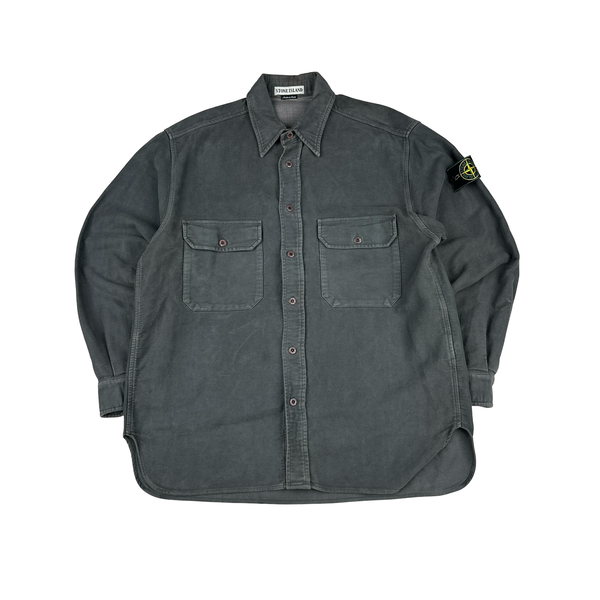 Stone Island 1996 Green Edge Thick Grey Fleece Shirt - Medium