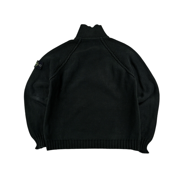 Stone Island 2004 Washed Black Cotton Quarter Zip Neck Pullover - XL