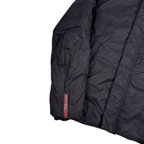 Prada Black Resin Coated Red Tab Nylon Quilted Jacket - Medium