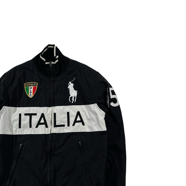 Ralph Lauren Black ITALIA Embroidered Big Logo Spellout Zipped Jacket - Small