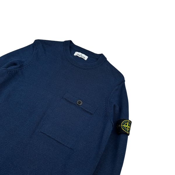 Stone Island 2020 Navy Cotton Knit Crewneck Pocketed Jumper - Medium