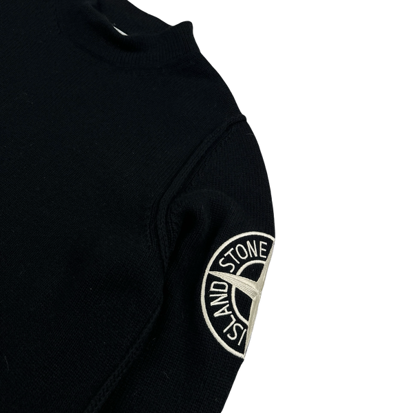 Stone Island 2020 Black Wool Spellout Embroidered Compass Mock Neck Jumper - Medium