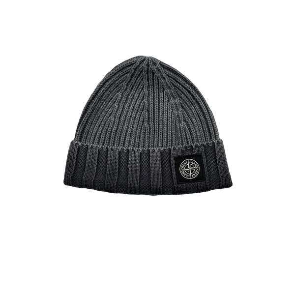 Stone Island 2017 Grey Frost Ribbed Wool Logo Beanie Hat