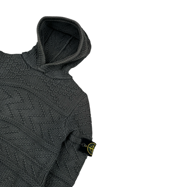 Stone Island 2009 Grey Cotton Detailed Knit Pullover Hoodie - Small