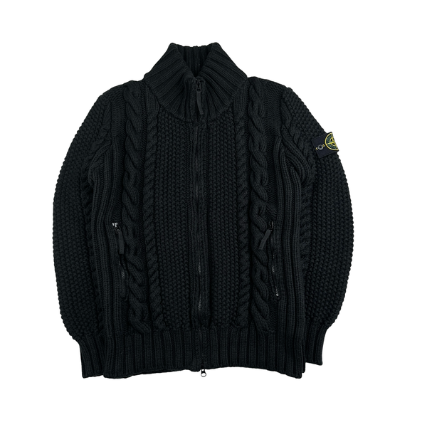 Stone Island Black Cable President Thick Knit Zipped Jumper - Large