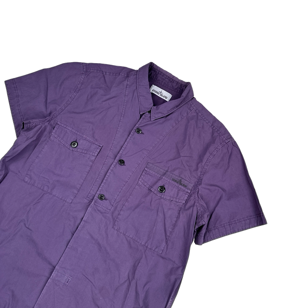 Stone Island 2014 Purple Cotton Spellout Buttoned Short Sleeve Shirt - XL