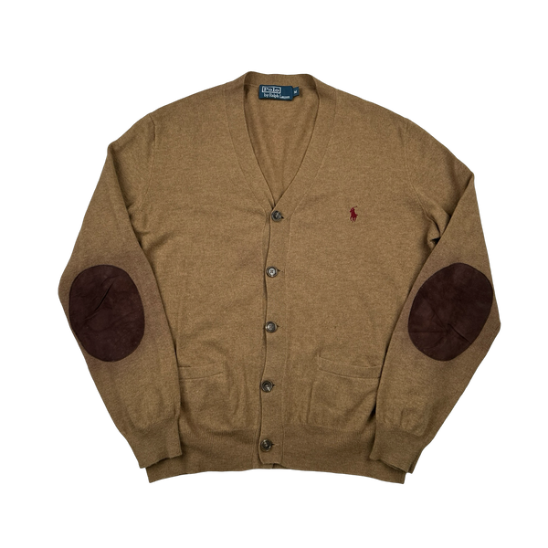Ralph Lauren Polo Brown Merino Wool Buttoned Suede Elbow Pad Cardigan - Medium