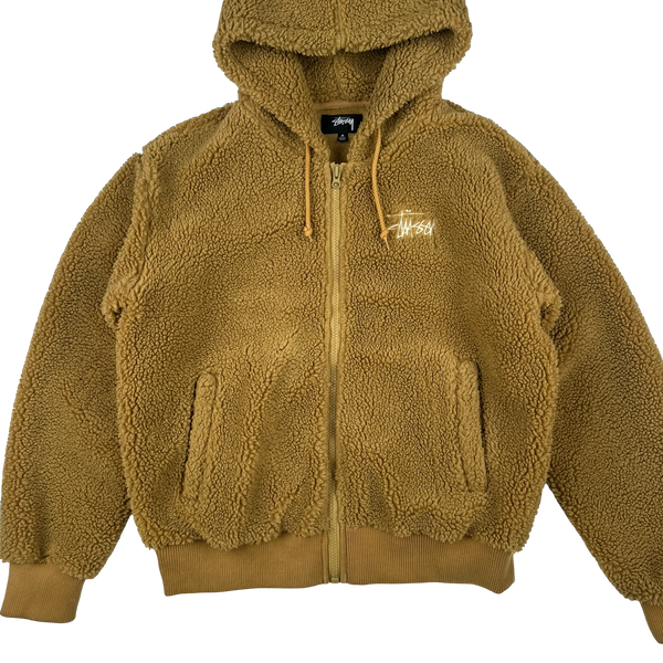 Stussy Teddy Fleece Zipped Hooded Spellout Jumper - Medium