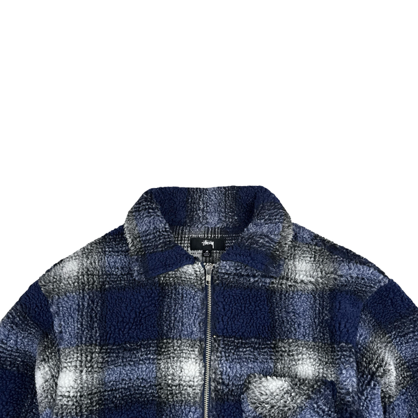 Stussy Blue Checked Teddy Fleece Zipped Jumper - Medium