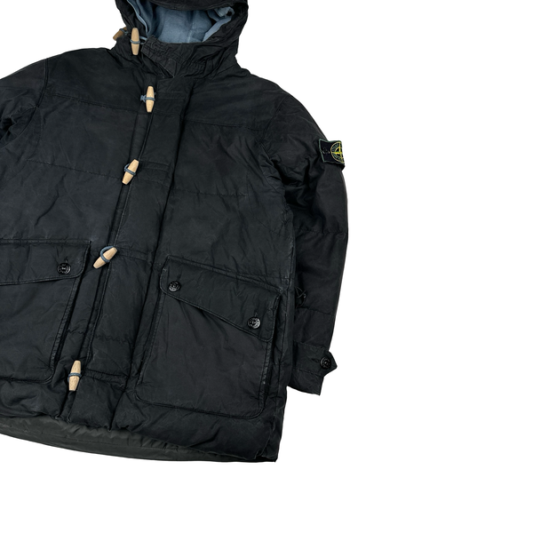 Stone Island 1999 Navy Vintage Waxed Cotton Long Puffer Parka Jacket - Small