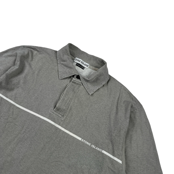 Stone Island 1997 Grey Cotton Spellout Vintage Polo Shirt - Medium