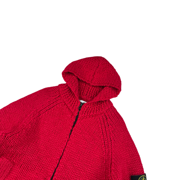 Stone Island 2022 Red Heavyweight Wool Knitted Zipped Hoodie - Large