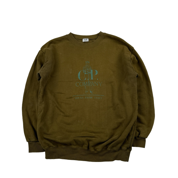 CP Company 80’s Vintage Khaki Spellout Thick Cotton Crewneck Sweatshirt - Small
