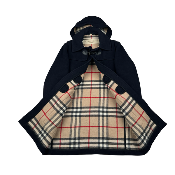 Burberry Navy Classic Check Lining Lana Wool Duffle Coat - Large
