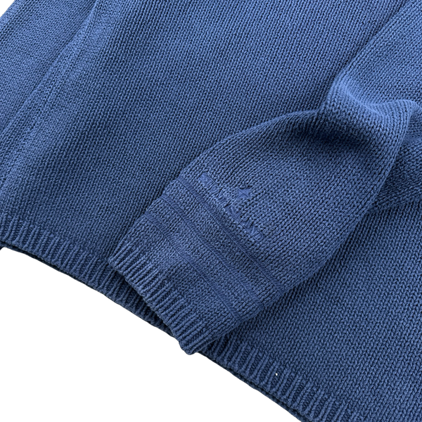 Stone Island 1998 Vintage Blue Cotton Cuff Spellout Pullover Knit - XL