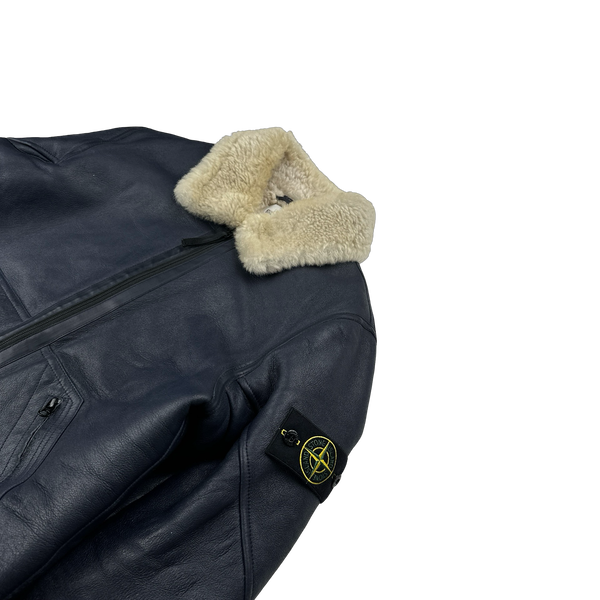 Stone Island 2014 Navy Hand Painted Leather Sheepskin Shearling Jacket - XL