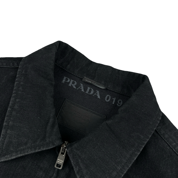 Prada Black Denim Triangle Plaque Collared Jacket - Medium