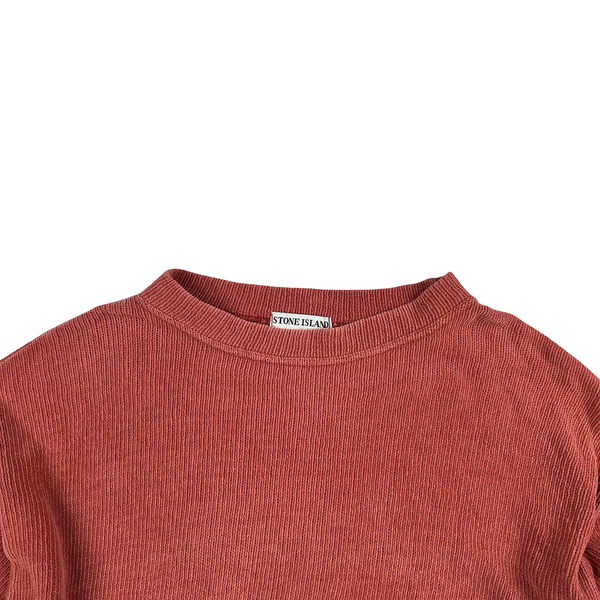 Stone Island 90s Salmon Pink Knitted Chenille Green Edge Crewneck Pullover - XL
