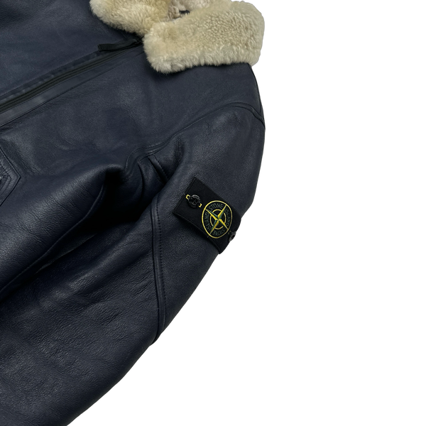 Stone Island 2014 Navy Hand Painted Leather Sheepskin Shearling Jacket - XL