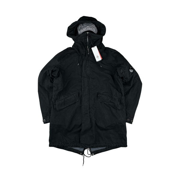 CP Company 50 Fili Black Double Lined Long Fish Tail Jacket - Large
