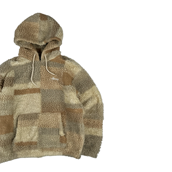 Stussy Teddy Fleece Hooded Spellout Pullover Jumper - Large