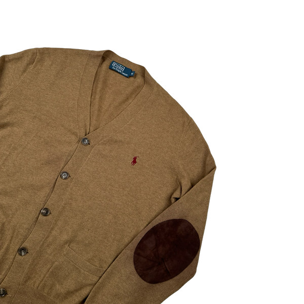 Ralph Lauren Polo Brown Merino Wool Buttoned Suede Elbow Pad Cardigan - Medium