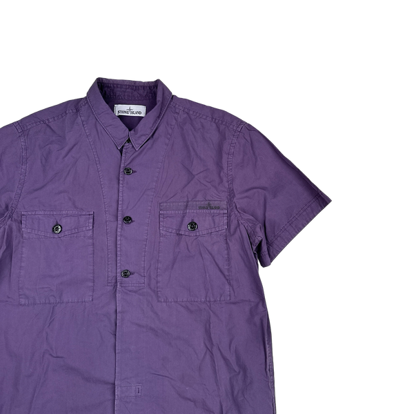 Stone Island 2014 Purple Cotton Spellout Buttoned Short Sleeve Shirt - XL