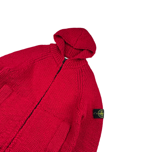 Stone Island 2022 Red Heavyweight Wool Knitted Zipped Hoodie - Large