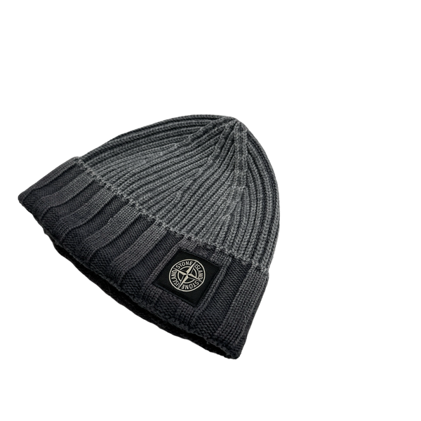 Stone Island 2017 Grey Frost Ribbed Wool Logo Beanie Hat