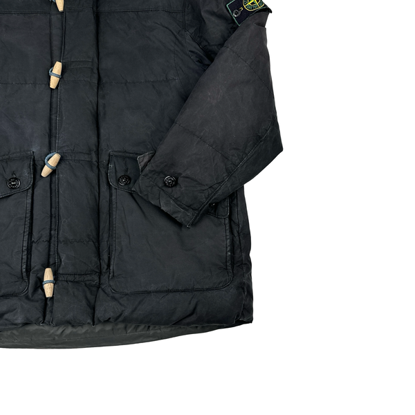 Stone Island 1999 Navy Vintage Waxed Cotton Long Puffer Parka Jacket - Small