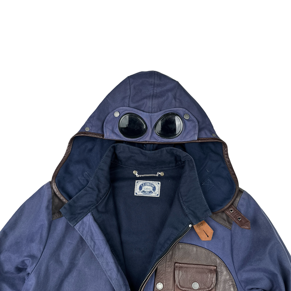 CP Company Blue/Brown Leather Hand Wax Finishing Goggle Jacket - Medium