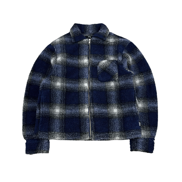 Stussy Blue Checked Teddy Fleece Zipped Jumper - Medium