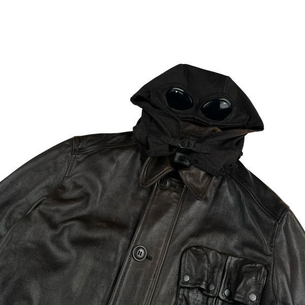 CP Company Brown Mille Miglia Leather Goggle Jacket - Large