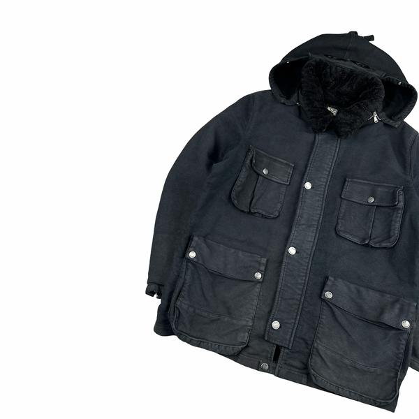 CP Company Black Mole Skin Sherling Collar Moleskin Multi Pocket Goggle Jacket - XL