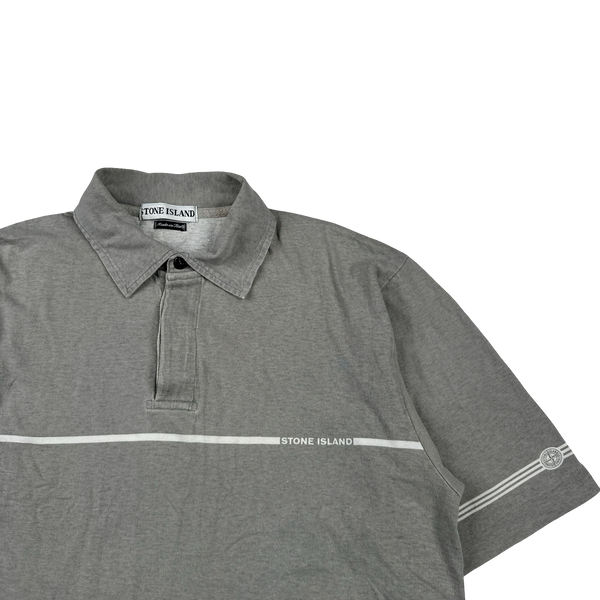 Stone Island 1997 Grey Cotton Spellout Vintage Polo Shirt - Medium