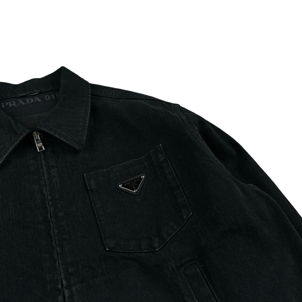 Prada Black Denim Triangle Plaque Collared Jacket - Medium